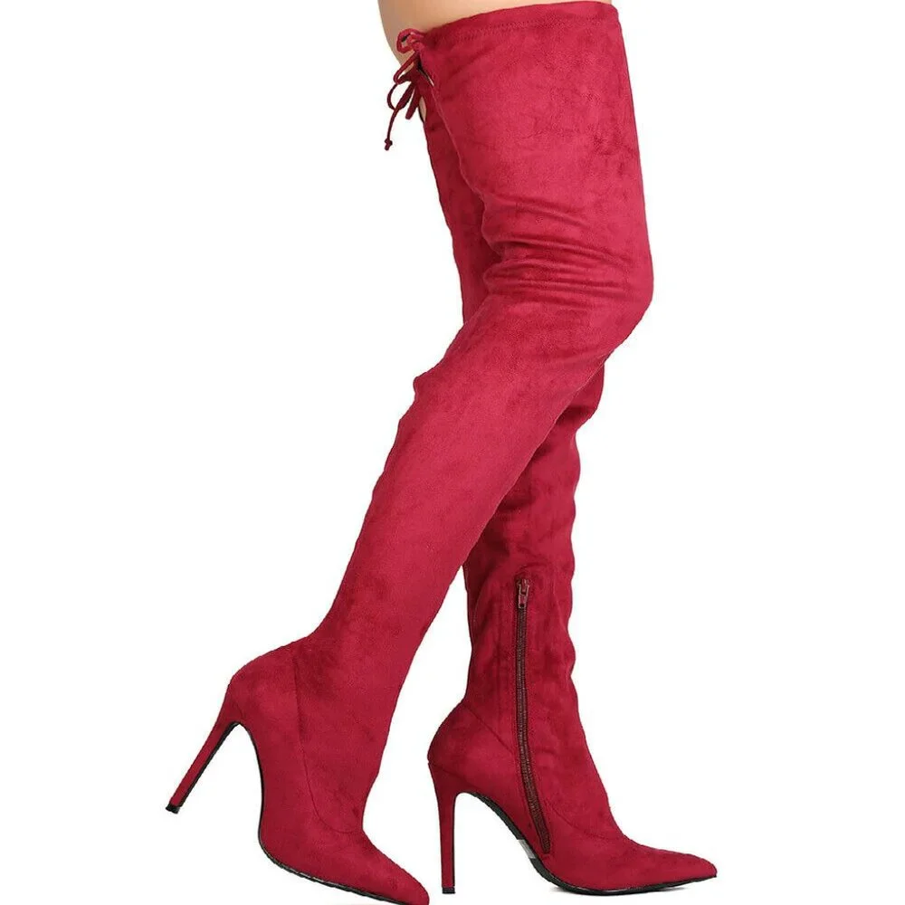 Statement Style Pointed Toe Thigh-High Silhouette Wine Red Stiletto Suede Boots